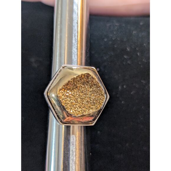 Chunky Hexagon Gold Druzy Quartz Two Tone Sterling Silver Ring Size 8 - Picture 12 of 14